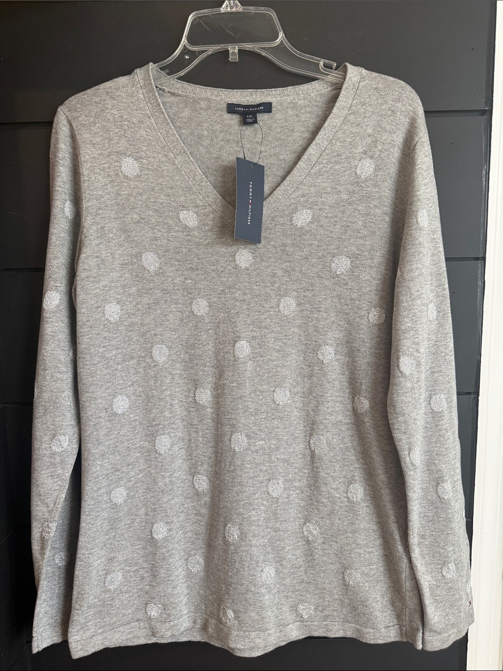 Tommy Hilfiger Dot V-Neck Sweater w/Silver Dots L